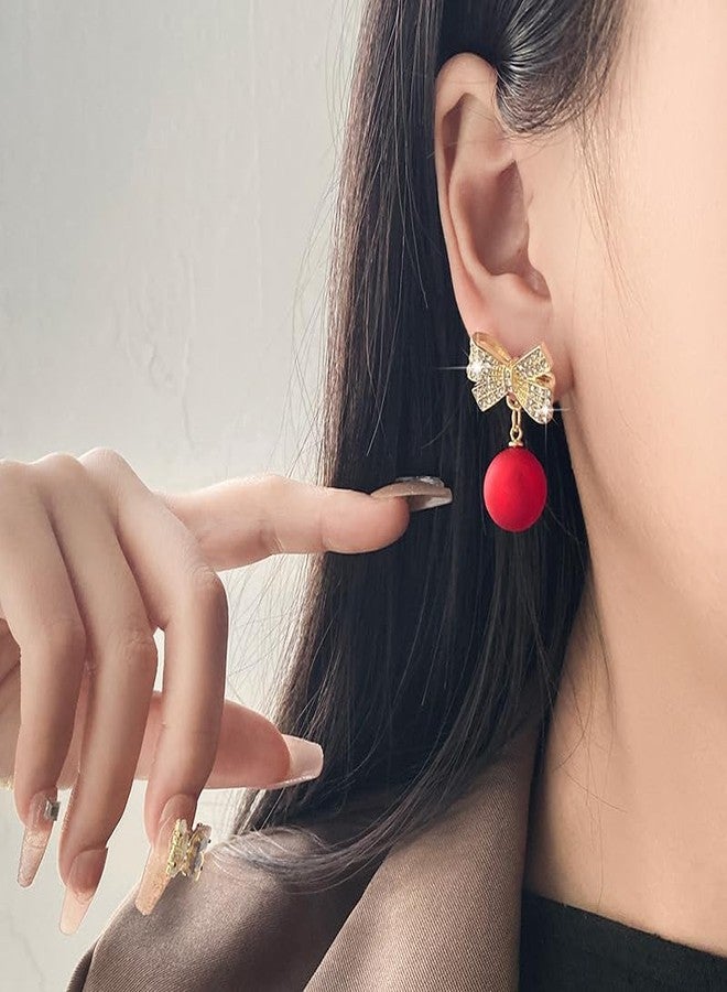 Nylry Bow Earrings for Women Trendy Red Earrings for Women Rhinestone Bowknot Pearl Earrings Dangle Winter Christmas Bow Stud Earrings Holiday Jewelry Cute Stuff Valentines Gifts for Women-Red - Image 2